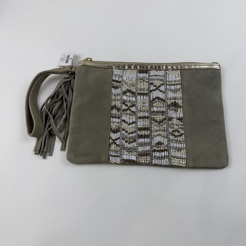 Chicos Beaded Suede Clutch Bag Callie Greige Zip Top Aztec Print Boho Tassel New